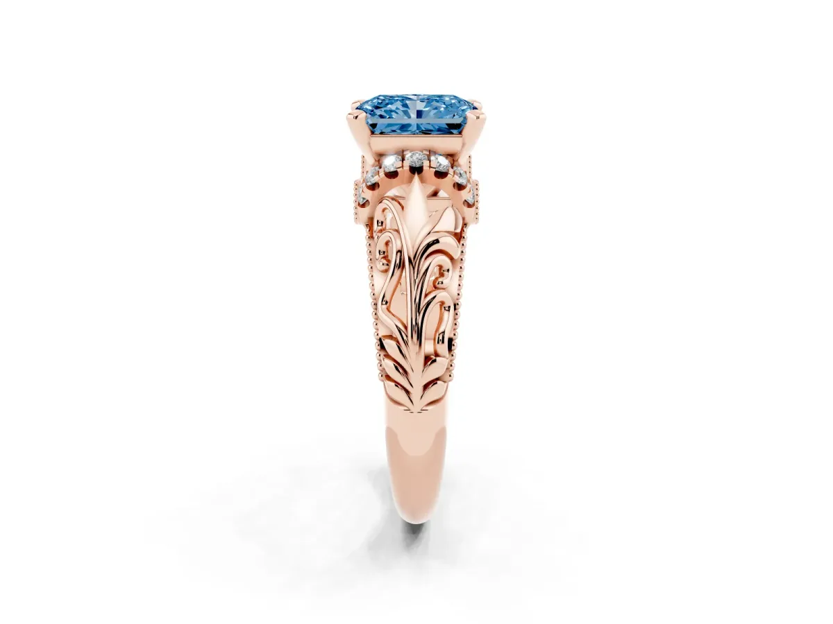 Fancy Blue Radiant Cut Solitaire Filigree Engagement Ring with Halo and Prong Setting Rose gold