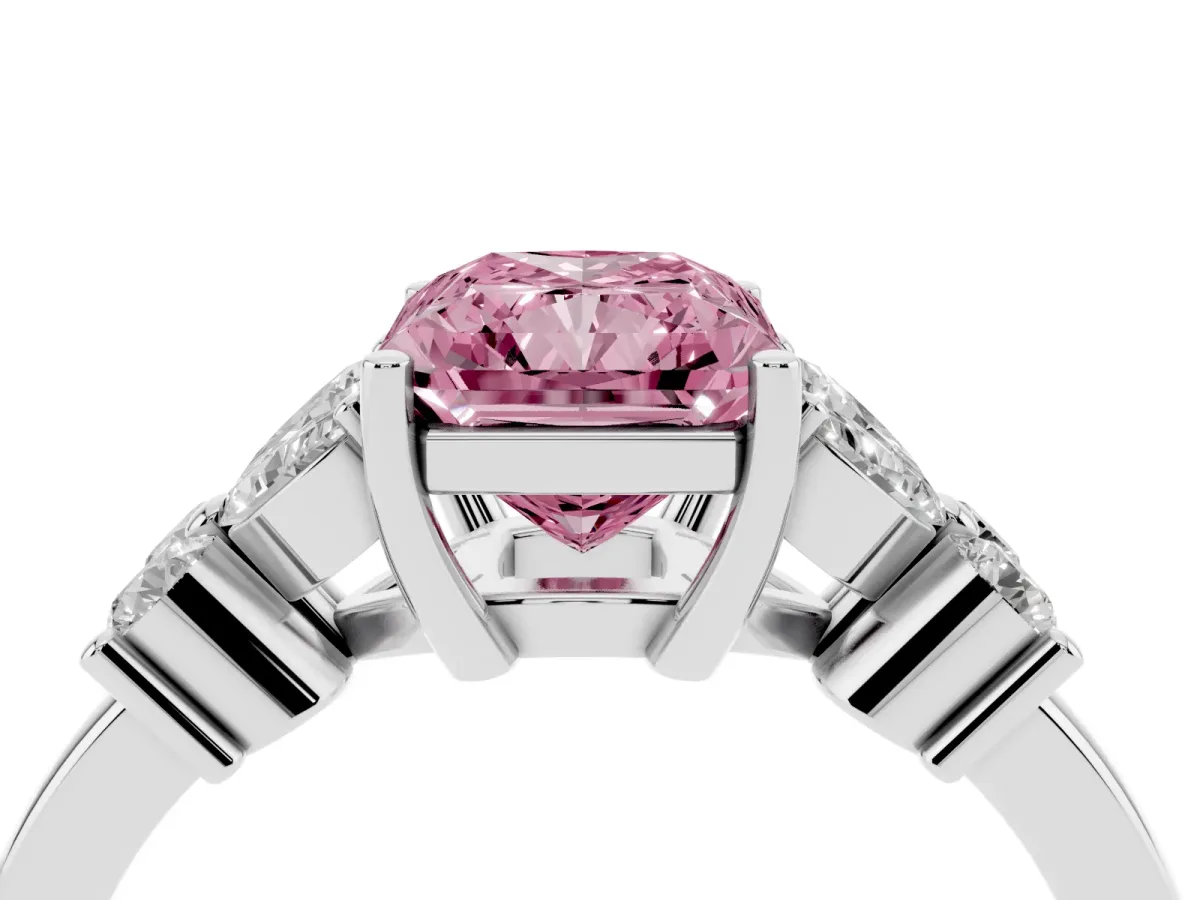 Fancy Pink Radiant Cut Diamond Floral Cluster Ring with Solitaire Band and Prong Setting Platinum