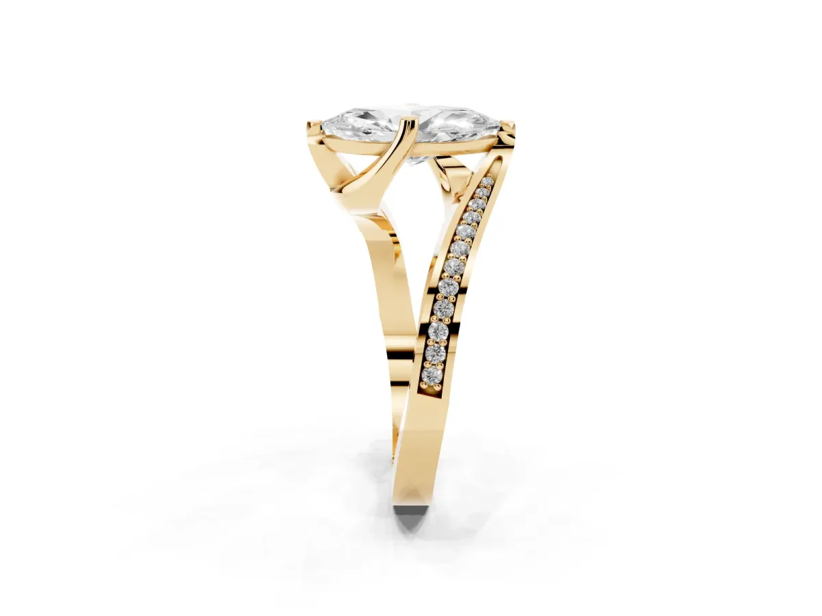 Marquise Cut Solitaire Diamond Twist Band with Pavé Setting and Four-Prong Setting Yellow gold