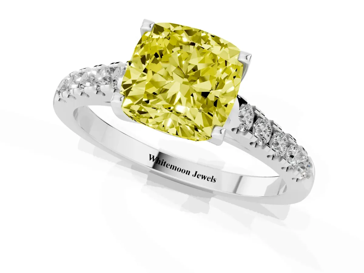 Fancy Yellow Cushion Cut Diamond Pavé Band Solitaire Ring with Prong Setting Platinum