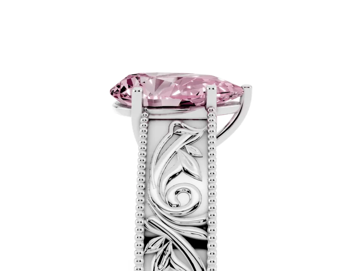 Fancy Pink Pear Cut Diamond Solitaire Ring with Engraved Band and Four-Prong Setting Silver