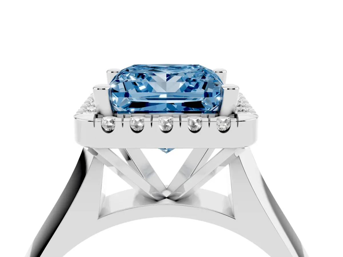 Fancy Blue Princess Cut Cut Halo Solitaire Engagement Ring with Square Band and Four-Prong Setting Silver