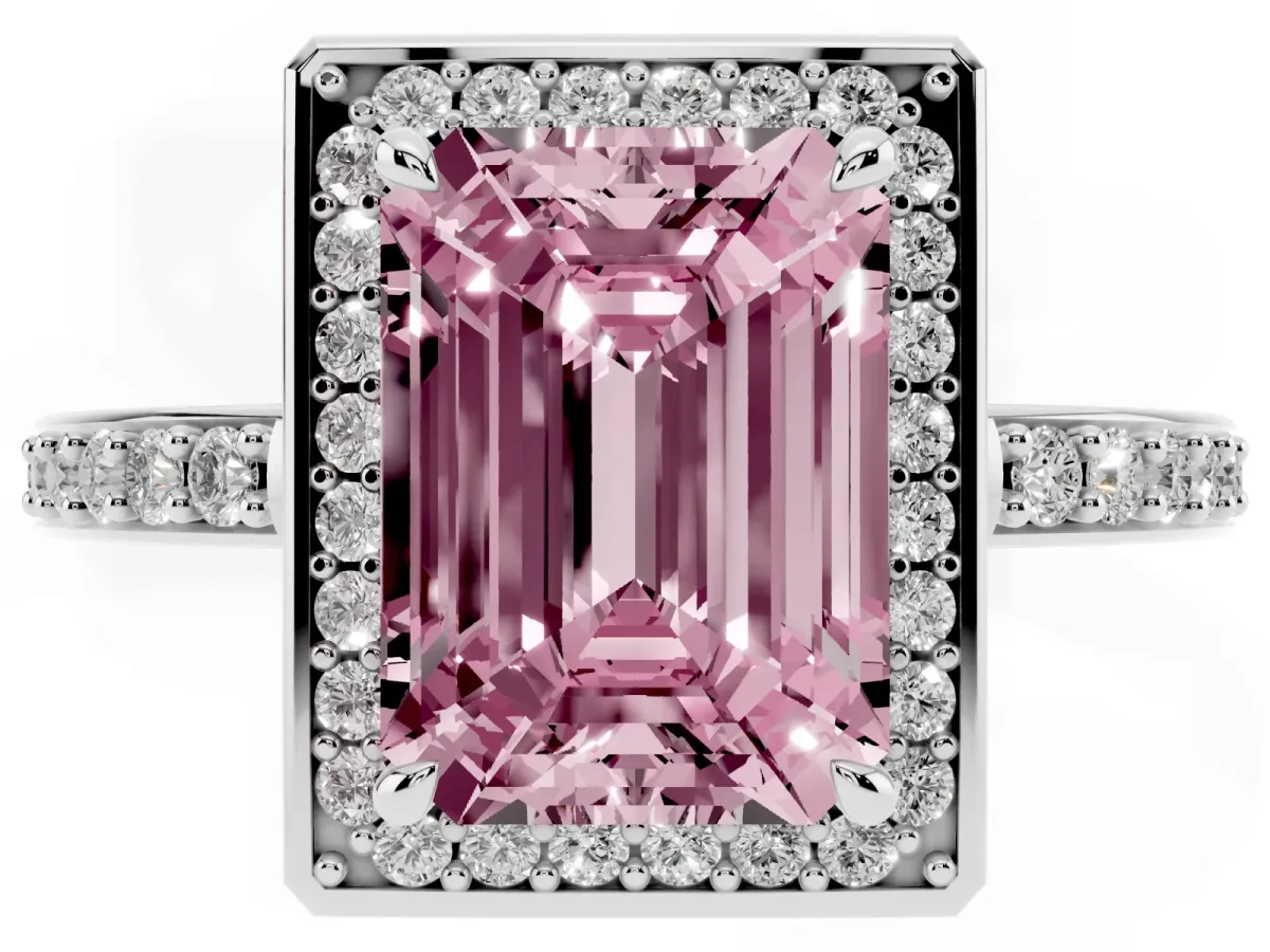 Fancy Pink Emerald Cut Halo Pave Band Solitaire Ring with Prong Setting Silver