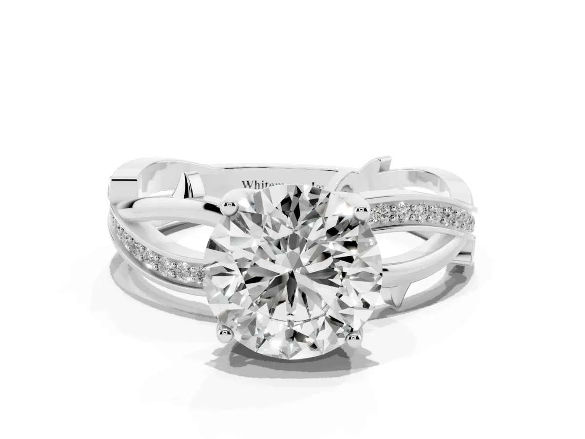 Round Cut Solitaire Twist Band with Pavé Accents and Four-Prong Setting Platinum