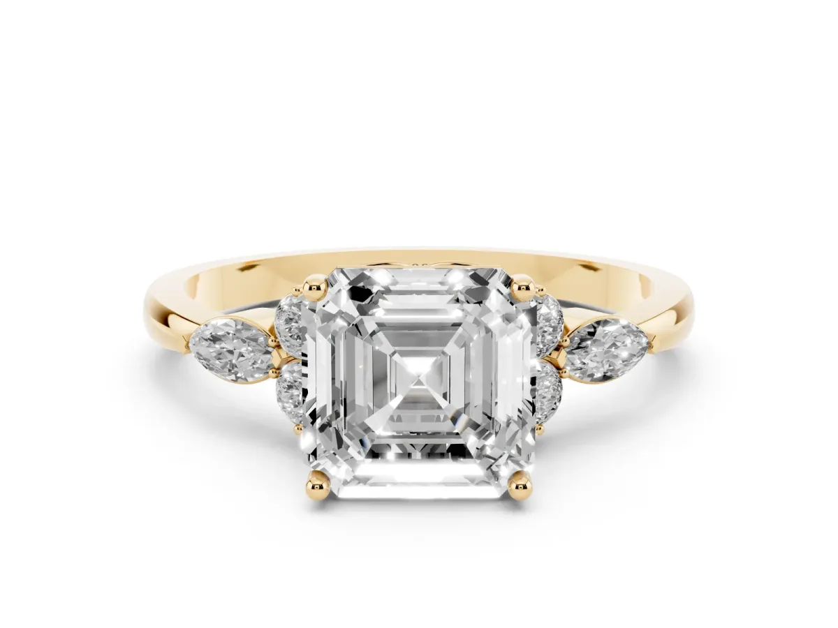 Asscher Cut Brilliant Diamond Solitaire Ring with Pear Side Stones and Four-Prong Setting Yellow gold