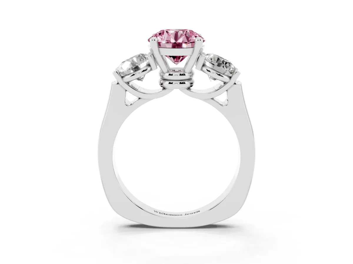 Fancy Pink Three-Stone Round Cut Brilliant Diamond Trellis Ring with Comfort Fit Band Silver
