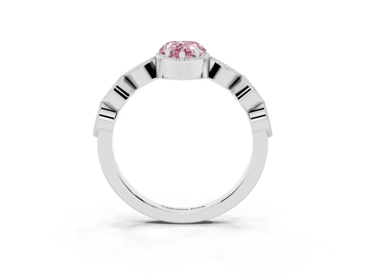 Fancy Pink Pear Cut Diamond Vintage Milgrain Ring with Round Stations Silver