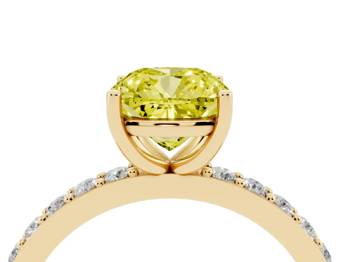 Fancy Yellow Cushion Cut Cut Diamond Solitaire with Pave Band and Four-Prong Setting Yellow gold