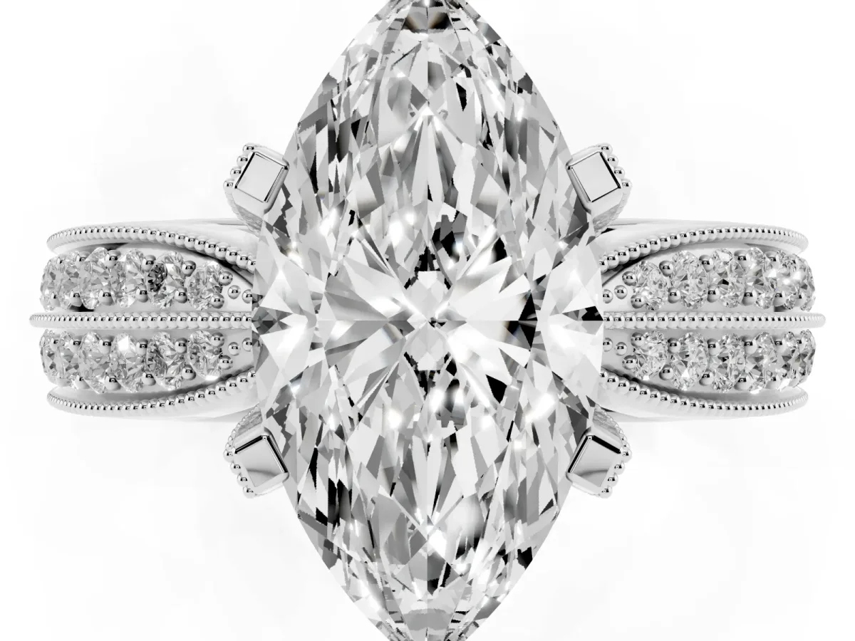 Marquise Cut Diamond Solitaire Ring with Milgrain Round Pavé Band and Prong Setting Silver