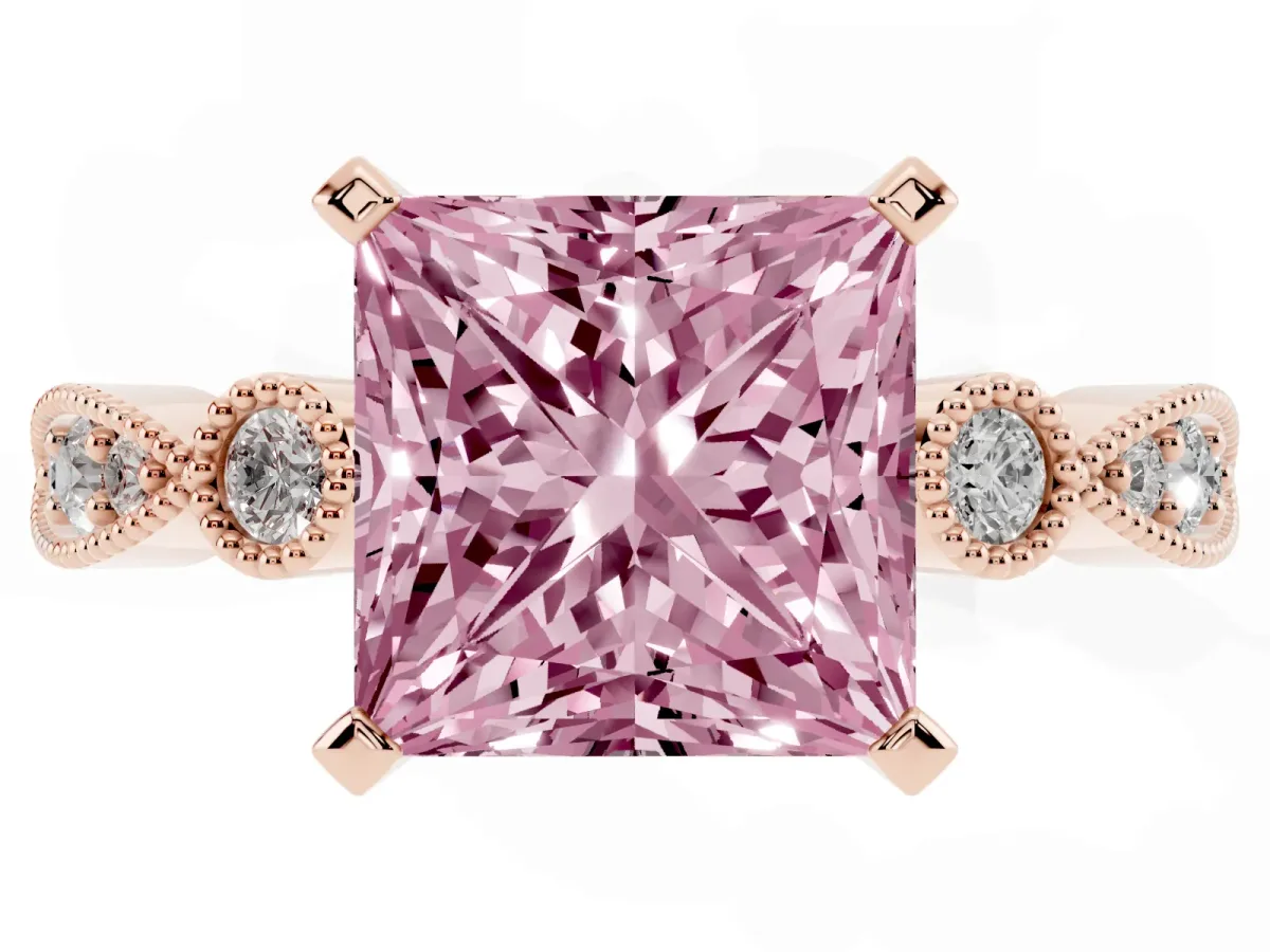 Fancy Pink Princess Cut Milgrain Bezel Diamond Engagement Ring with Solitaire Prong Setting Rose gold