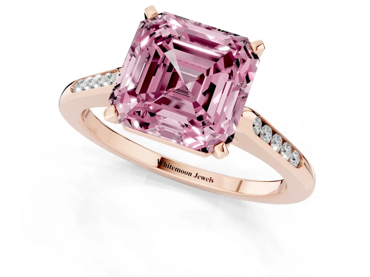 Fancy Pink Asscher Cut Diamond Solitaire Ring with Channel Set Round Band and Prong Setting Rose gold