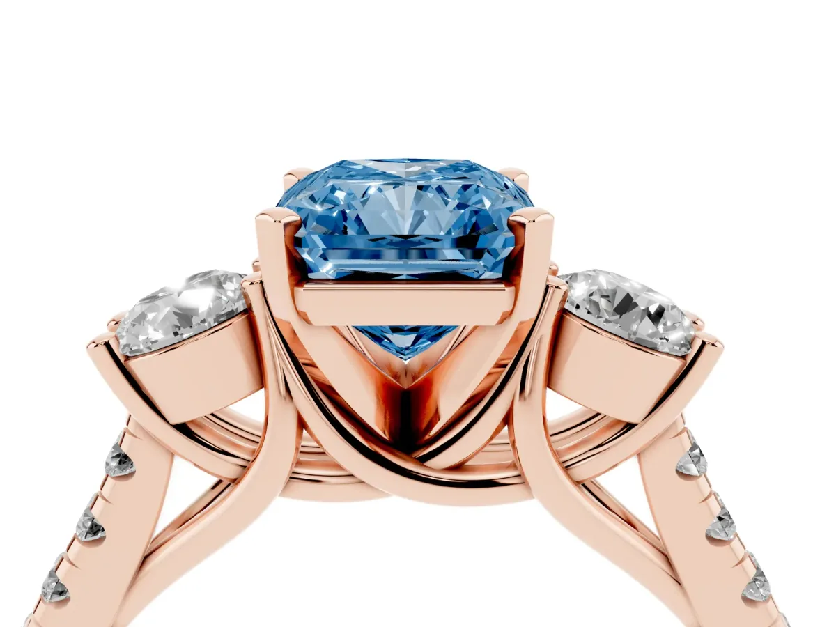 Fancy Blue Three-Stone Radiant Cut Diamond Pavé Band with Four-Prong Setting Rose gold