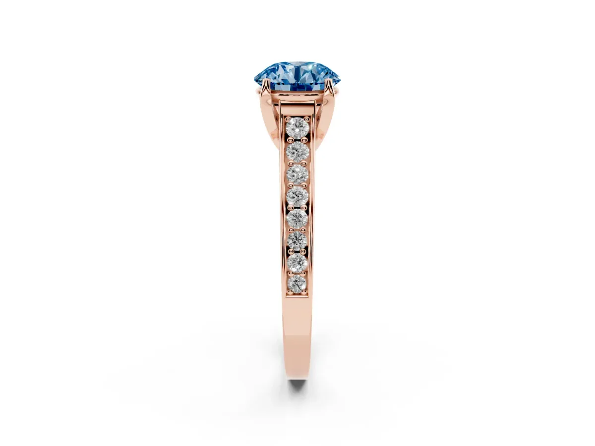 Fancy Blue Round Cut Brilliant Cut Diamond Engagement Ring with Pavé Band and Four-Prong Setting Rose gold