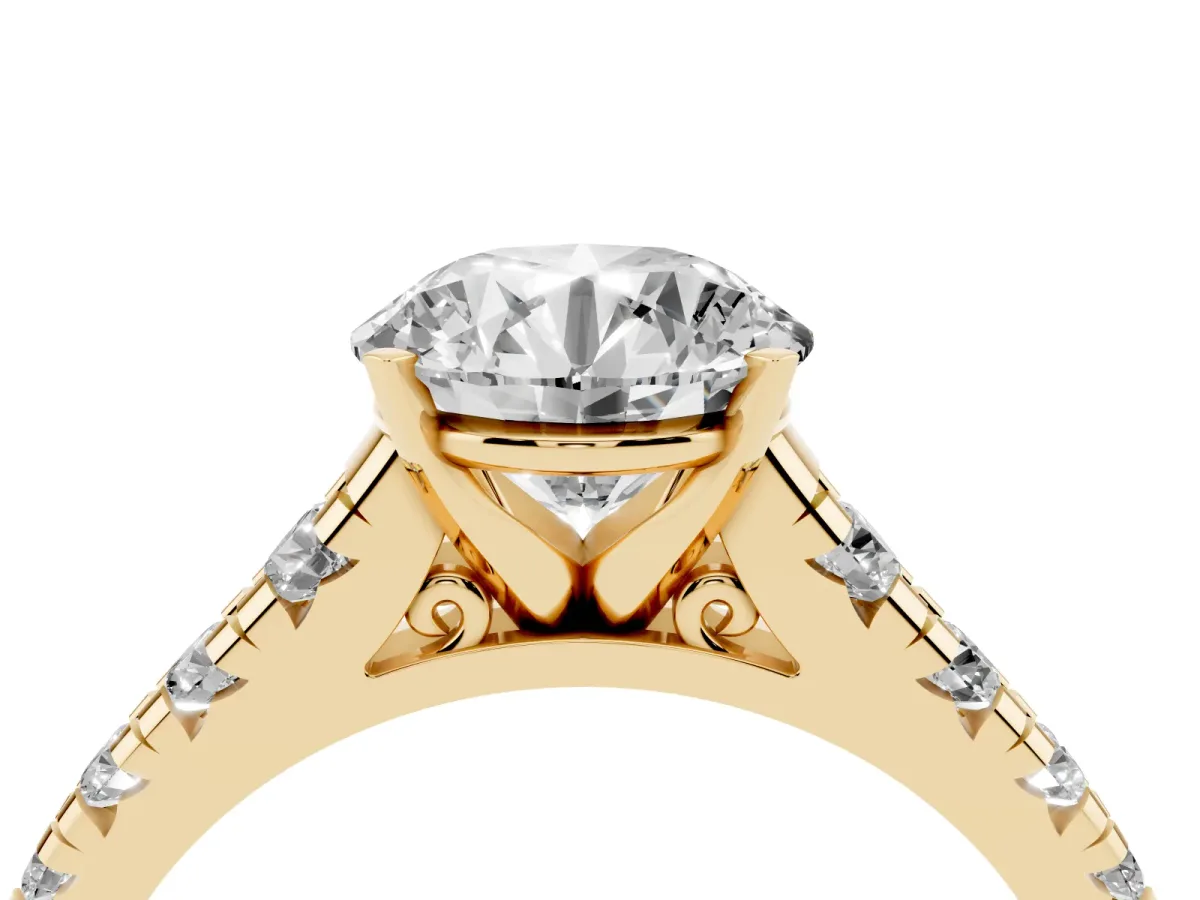 Round Cut Diamond Cathedral Solitaire Ring with Round Pavé Band Yellow gold
