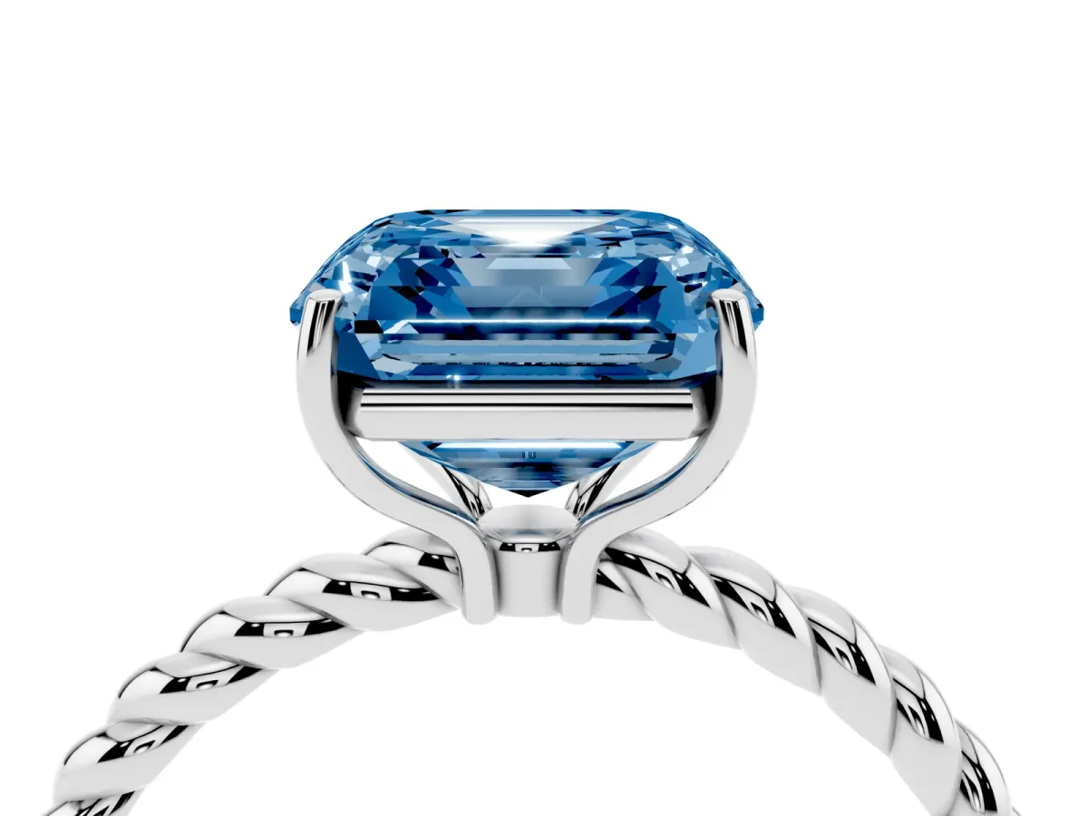 Fancy Blue Asscher Cut Solitaire Twist Band Ring with Four-Prong Setting Silver