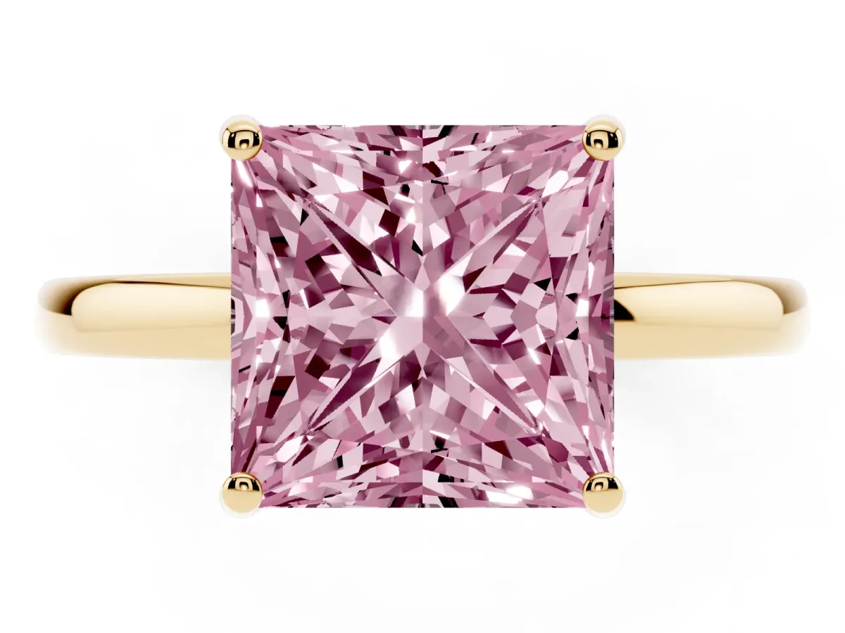 Fancy Pink Princess Cut Solitaire Diamond Ring with Prong Setting and Plain Band Yellow gold