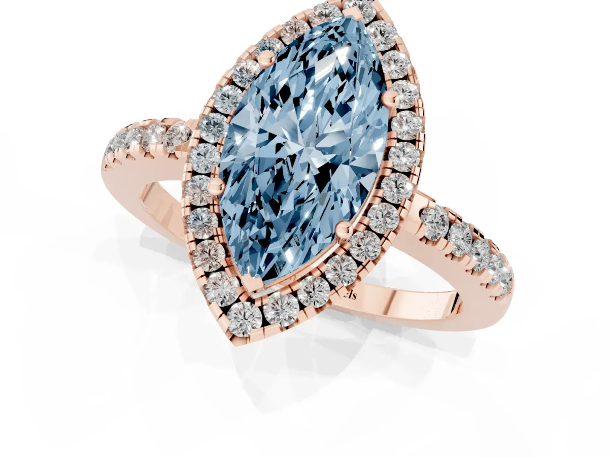 Fancy Blue Marquise Cut Halo Diamond Engagement Ring with Pavé Band and Four-Prong Setting Rose gold