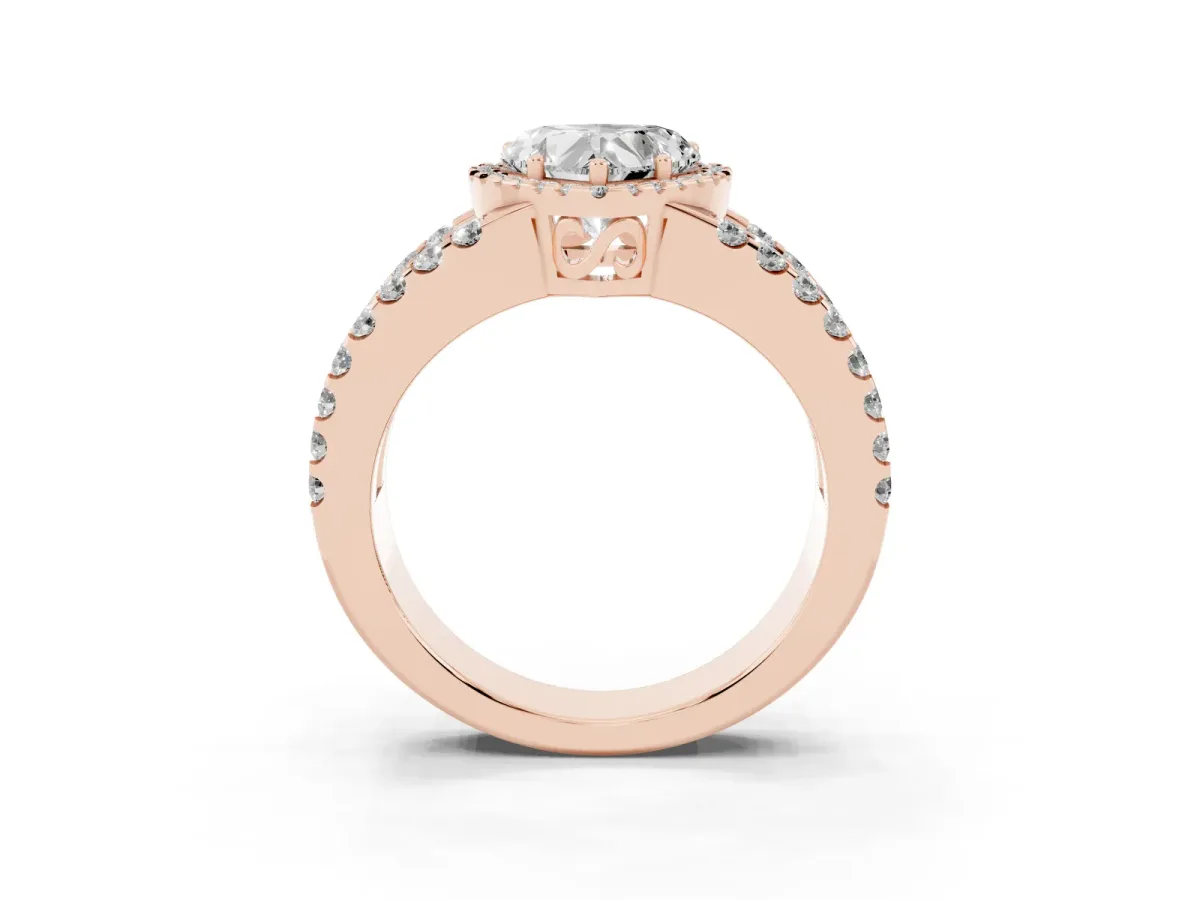 Heart Cut Cut Halo Split Shank Diamond Ring with Four-Prong Setting Rose gold