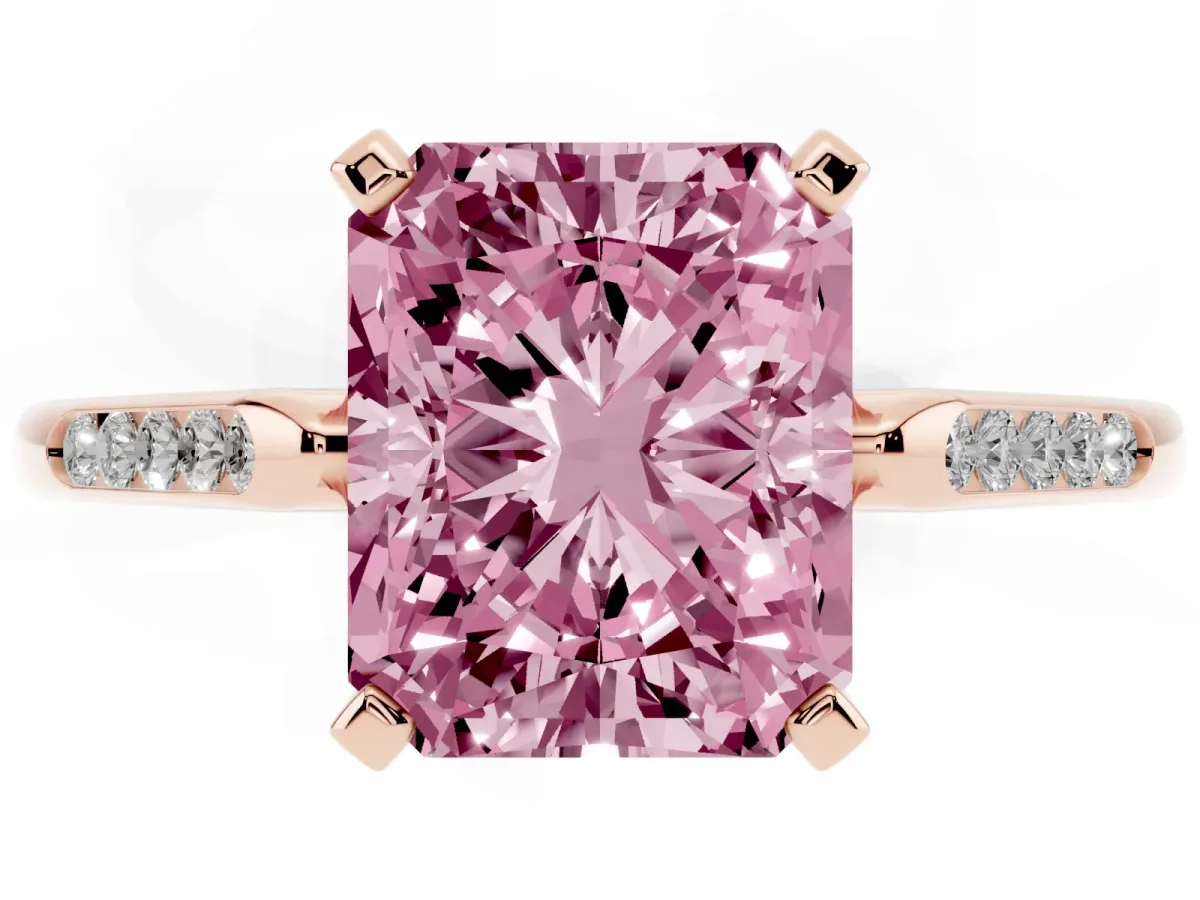 Fancy Pink Radiant Cut Diamond Solitaire Ring with Channel Set Round Band and Prong Setting Rose gold