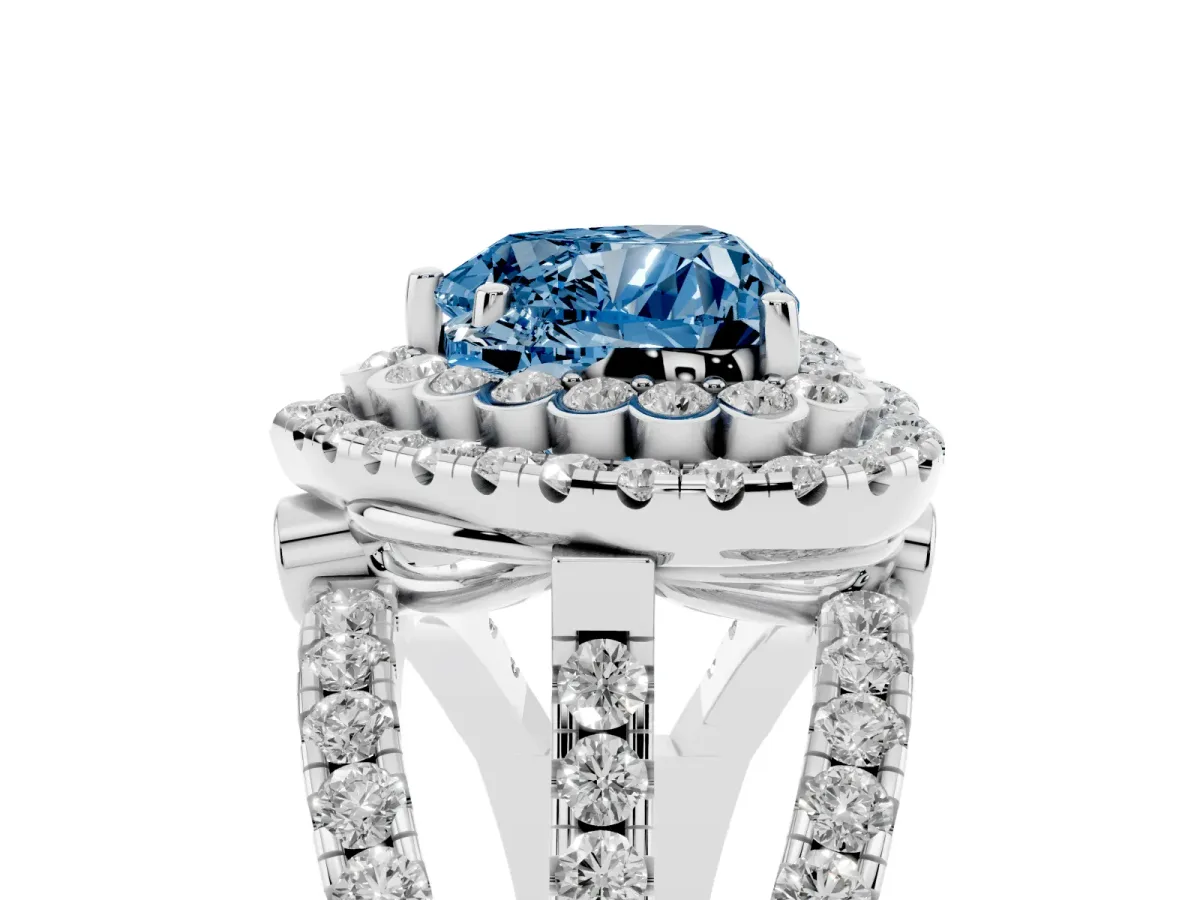 Fancy Blue Heart Cut Diamond Double Halo Ring with Round Pavé Split Shank and Prong Setting Silver