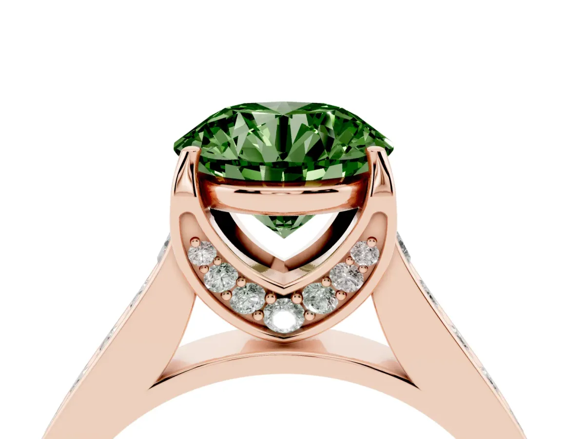 Fancy Green Round Cut Brilliant Cut Diamond Engagement Ring with Pavé Band and Four-Prong Setting Rose gold