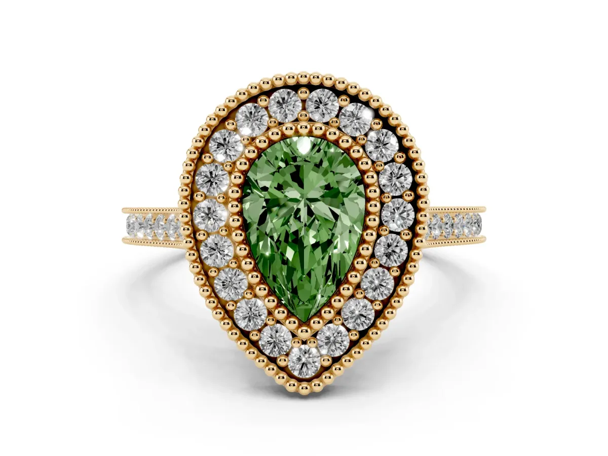 Fancy Green Pear Cut Diamond Halo Ring with Milgrain Frame and Pavé Band Yellow gold