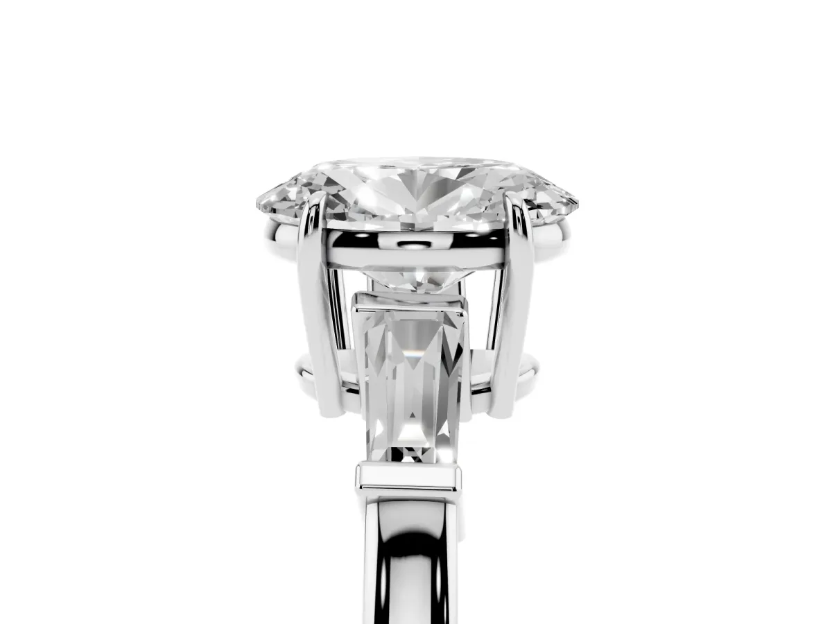 Oval Cut Diamond Three-Stone Ring with Tapered Baguette Side Stones and Prong Setting Silver