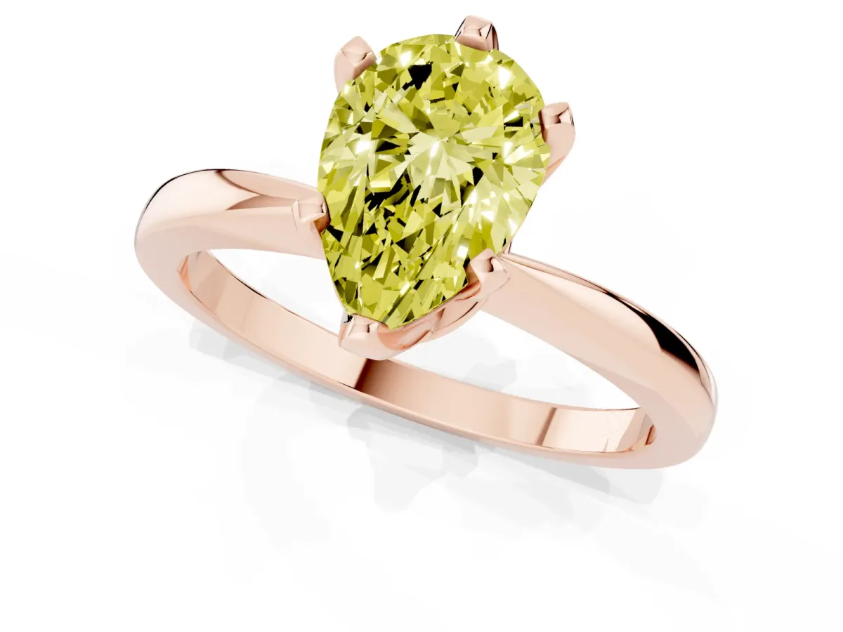 Fancy Yellow Pear Cut Solitaire Engagement Ring with Six-Prong Setting and Tapered Band Rose gold