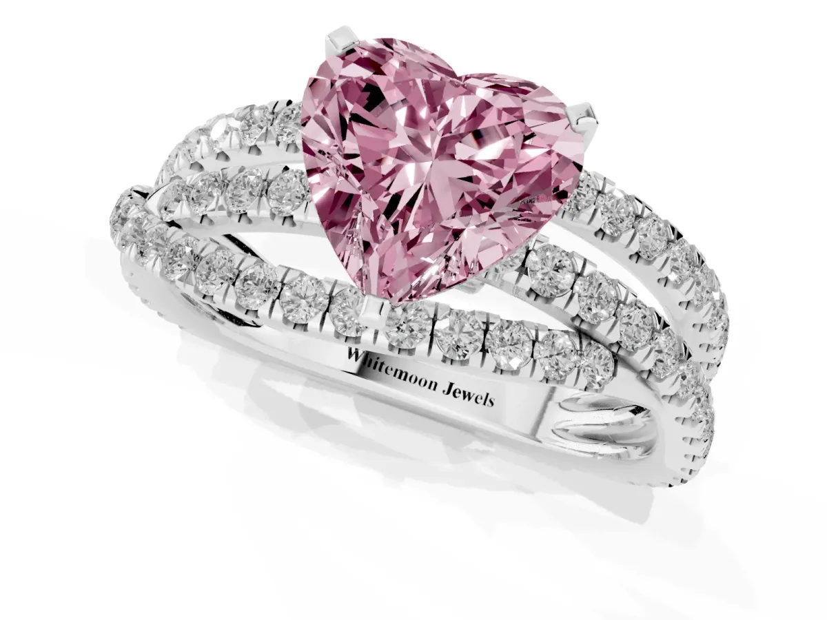 Fancy Pink Heart Cut Solitaire Twist Band with Pavé Setting and Four-Prong Setting Silver