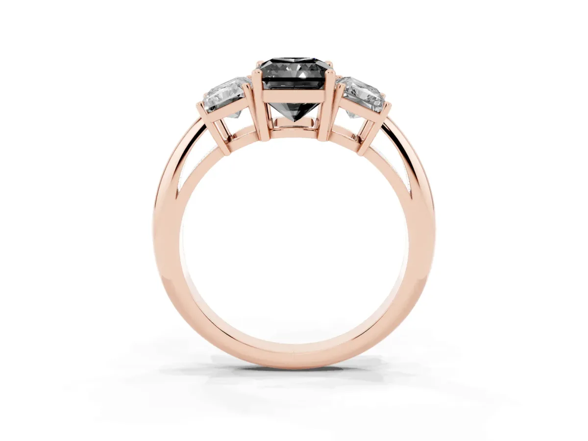 Fancy Black Three-Stone Radiant Cut Cut Diamond Engagement Ring with Prong Setting on a White Gold Band Rose gold
