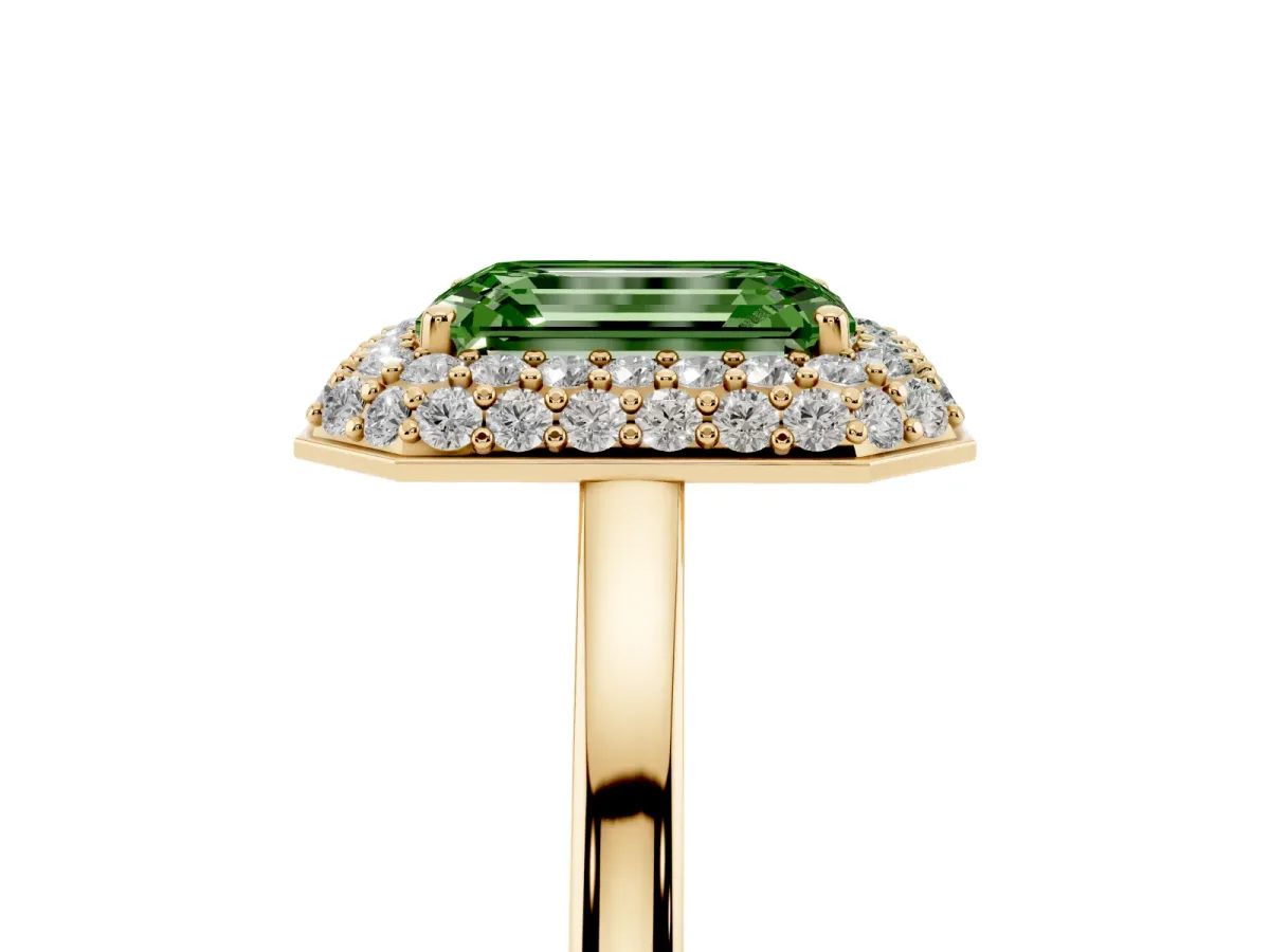 Fancy Green Emerald Cut Halo Diamond Engagement Ring with Solitaire Band and Four-Prong Setting Yellow gold