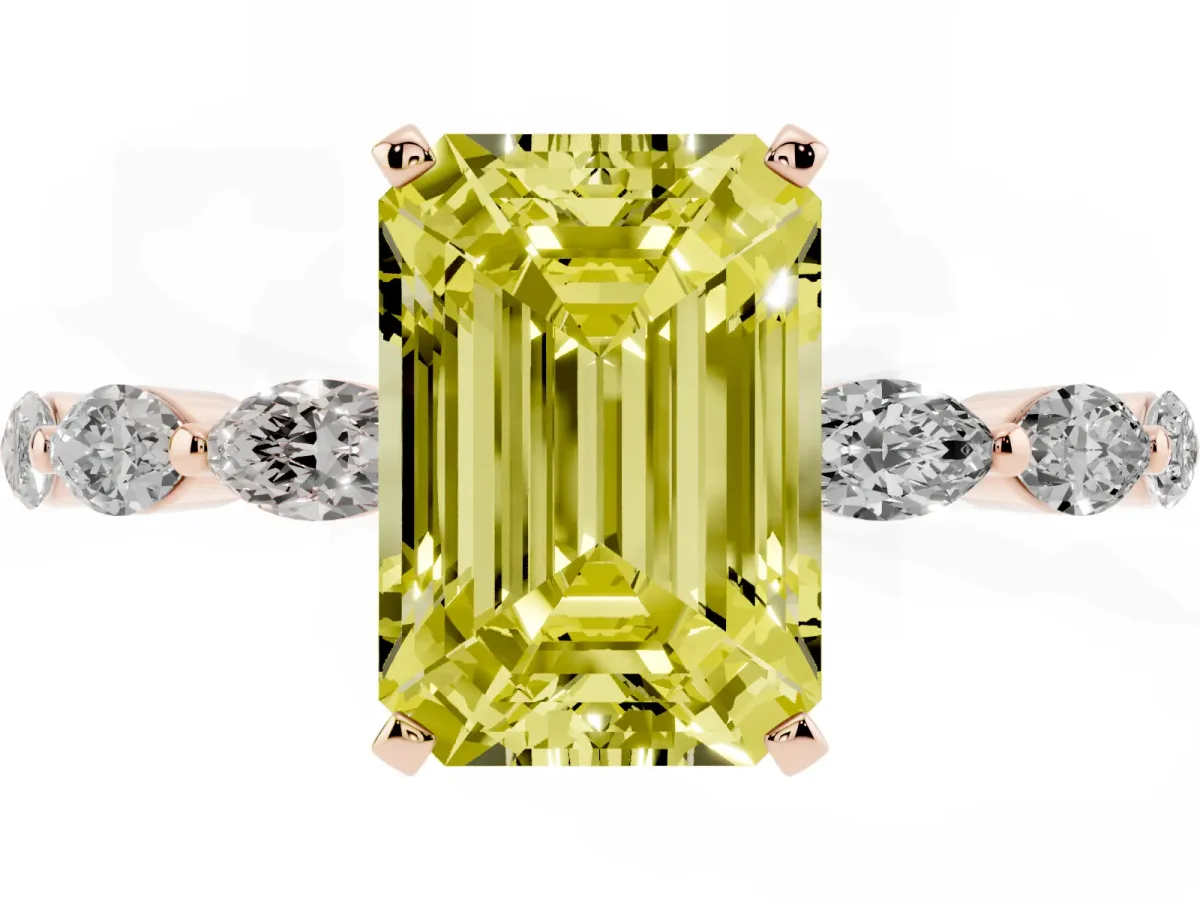 Fancy Yellow Emerald Cut Diamond Ring with Marquise Side Stones and Prong Setting Rose gold