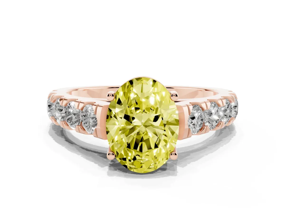 Fancy Yellow Oval Cut Cut Diamond Solitaire Ring with Micro Pave Band and Prong Setting Rose gold