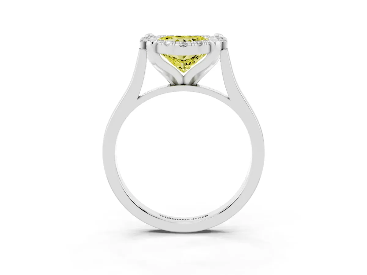 Fancy Yellow Heart Cut Diamond Cluster Halo Solitaire with Four-Prong Setting Silver
