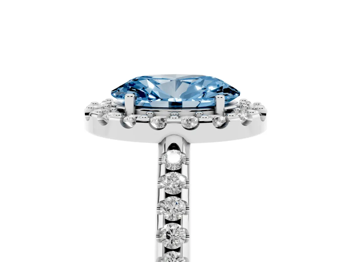 Fancy Blue Oval Cut Diamond Pavé Halo Ring with Four-Prong Setting Silver