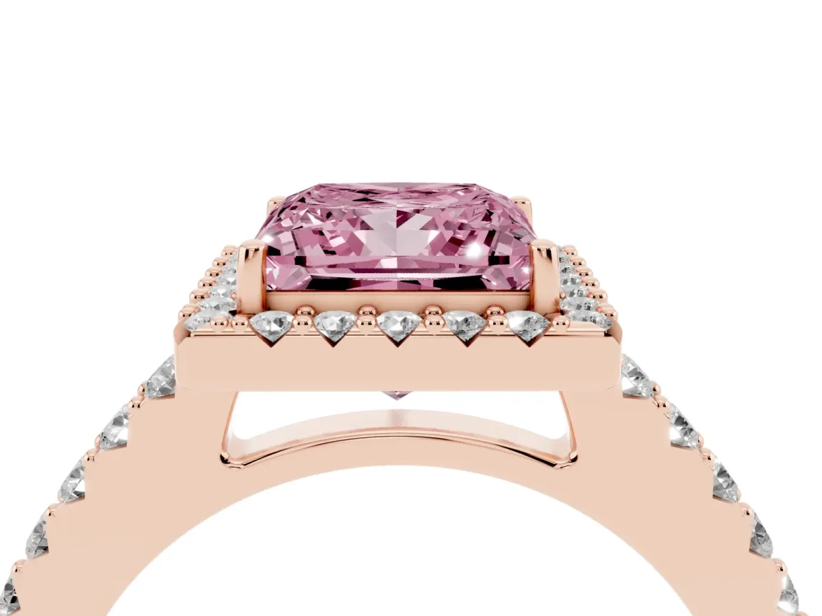 Fancy Pink Princess Cut Halo Diamond Pavé Solitaire Ring Rose gold
