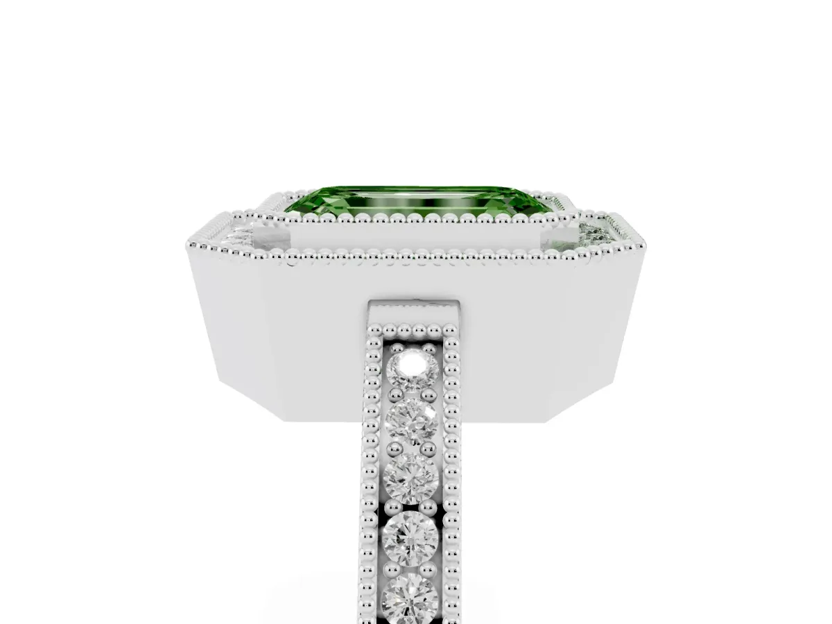 Fancy Green Emerald Cut Cut Halo Diamond Ring with Pavé Band and Milgrain Prong Setting White gold