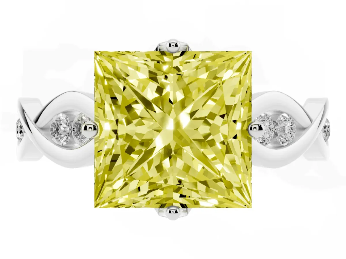 Fancy Yellow Princess Cut Solitaire Twist Band with Leaf Prong Setting Silver