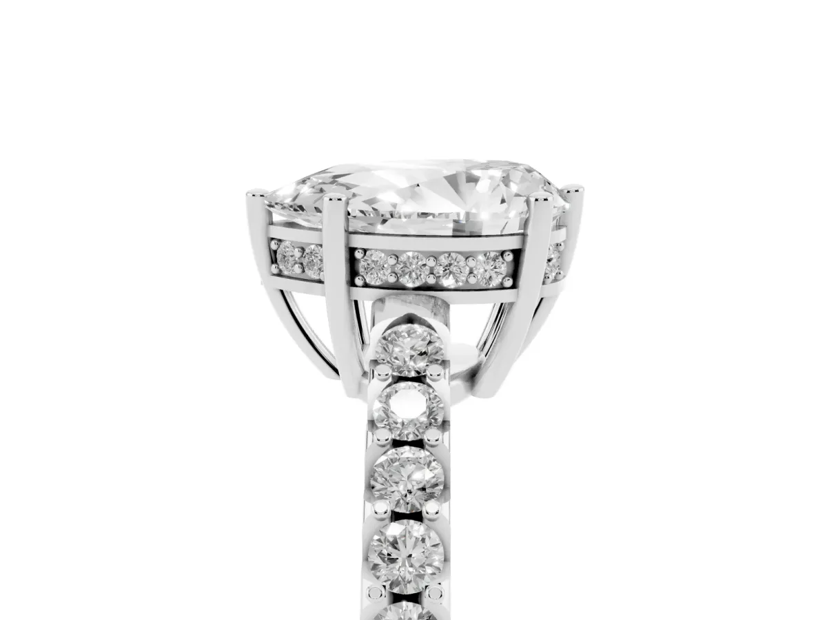 Pear Cut Solitaire Diamond Engagement Ring with Pavé Band and Six-Prong Setting Platinum
