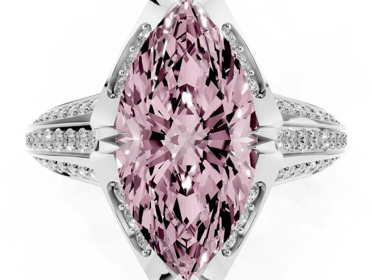 Fancy Pink Marquise Cut Solitaire Pave Split Shank Ring with Four-Prong Setting White gold