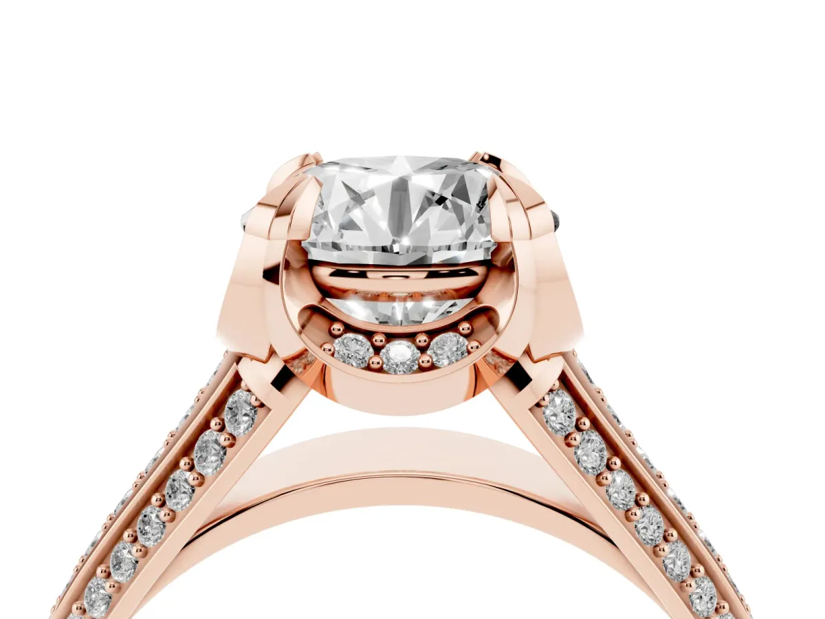Round Cut Solitaire Pave Split Shank Ring with Four-Prong Setting Rose gold