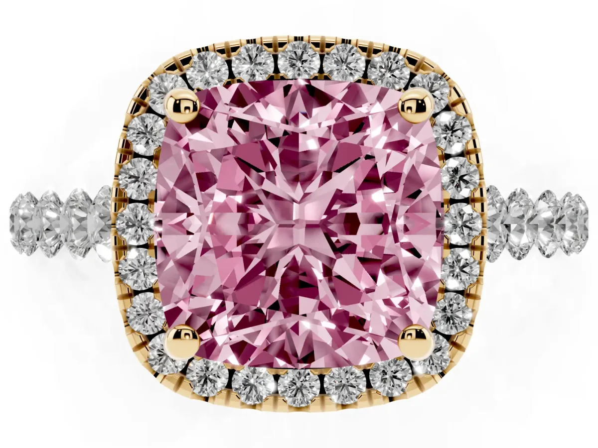 Fancy Pink Cushion Cut Halo Pavé Diamond Engagement Ring with Four-Prong Setting Yellow gold