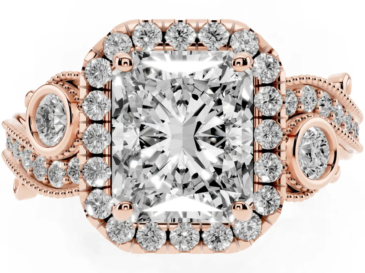 Radiant Cut Halo Diamond Ring with Milgrain and Bezel Accents on a Split Shank Band Rose gold