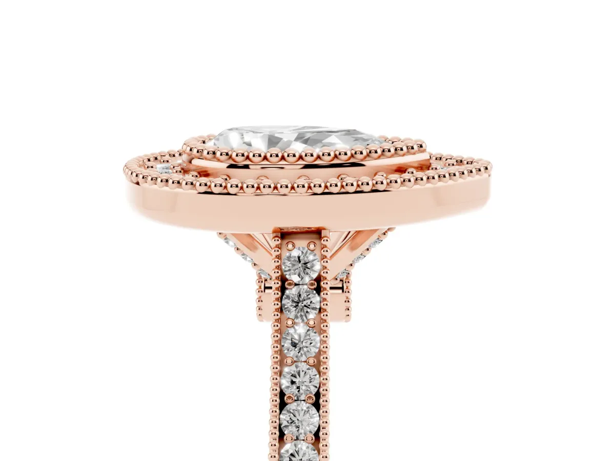 Pear Cut Diamond Halo Ring with Milgrain Frame and Pavé Band Rose gold