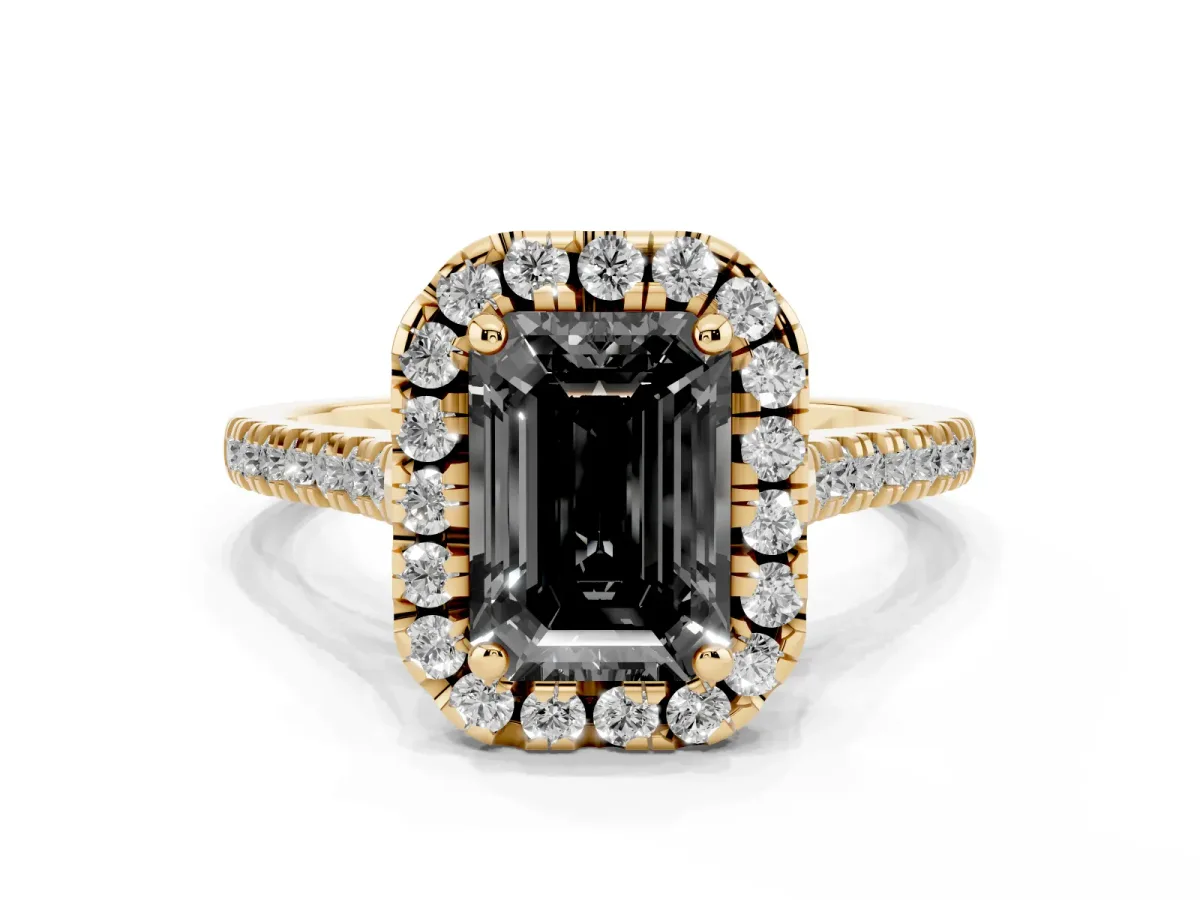 Fancy Black Emerald Cut Diamond Cushion Halo Ring with Pavé Band Yellow gold
