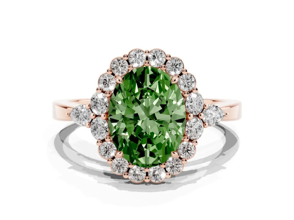 Fancy Green Oval Cut Diamond Halo Ring with Pear Side Stones and Prong Setting Rose gold
