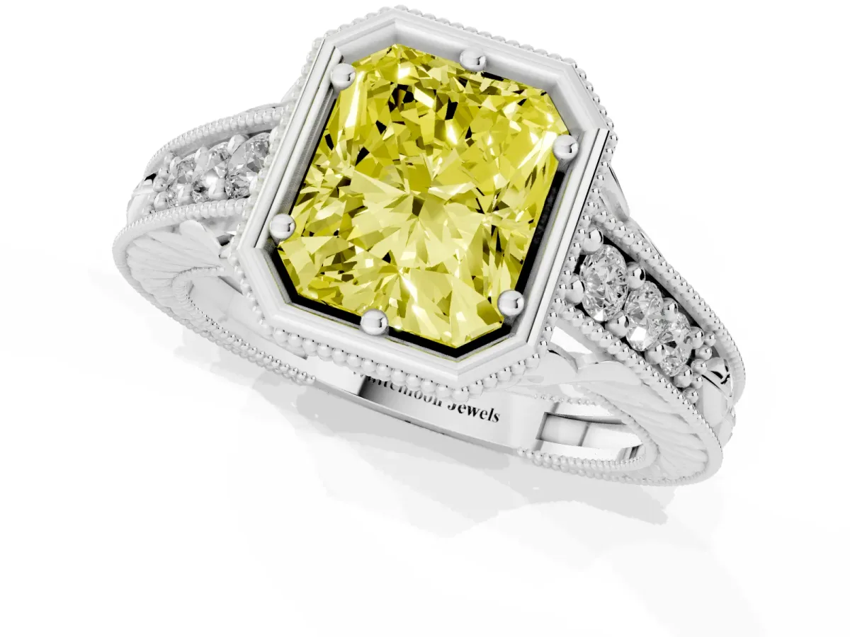 Fancy Yellow Bezel Set Radiant Cut Diamond Milgrain Pave Engagement Ring Silver