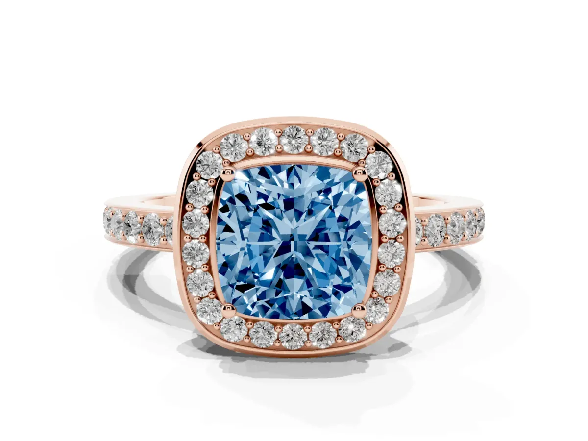 Fancy Blue Cushion Cut Diamond Halo Ring with Bezel Frame and Pavé Band Rose gold