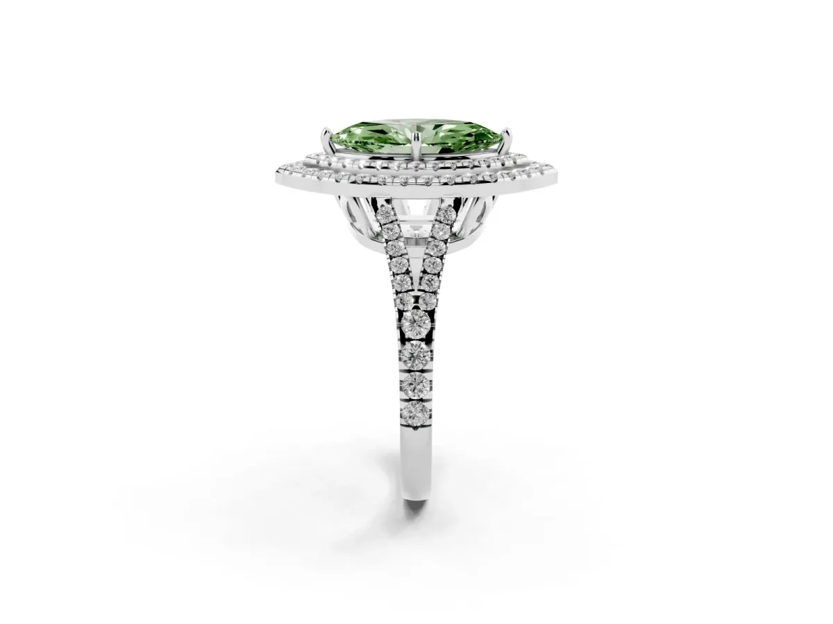 Fancy Green Marquise Cut Diamond Double Halo Ring with Pavé Band and Prong Setting Platinum