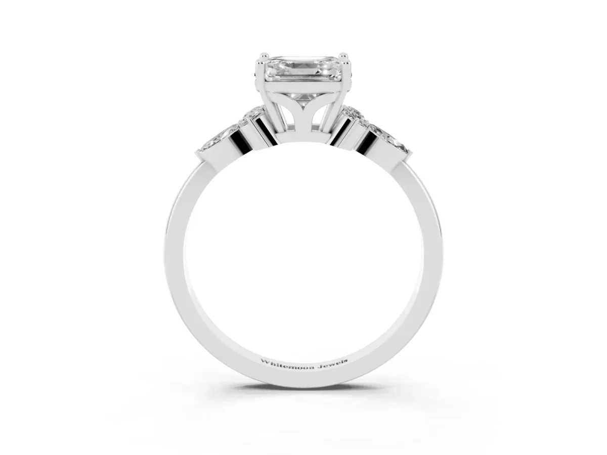 Asscher Cut Brilliant Diamond Solitaire Ring with Pear Side Stones and Four-Prong Setting Silver